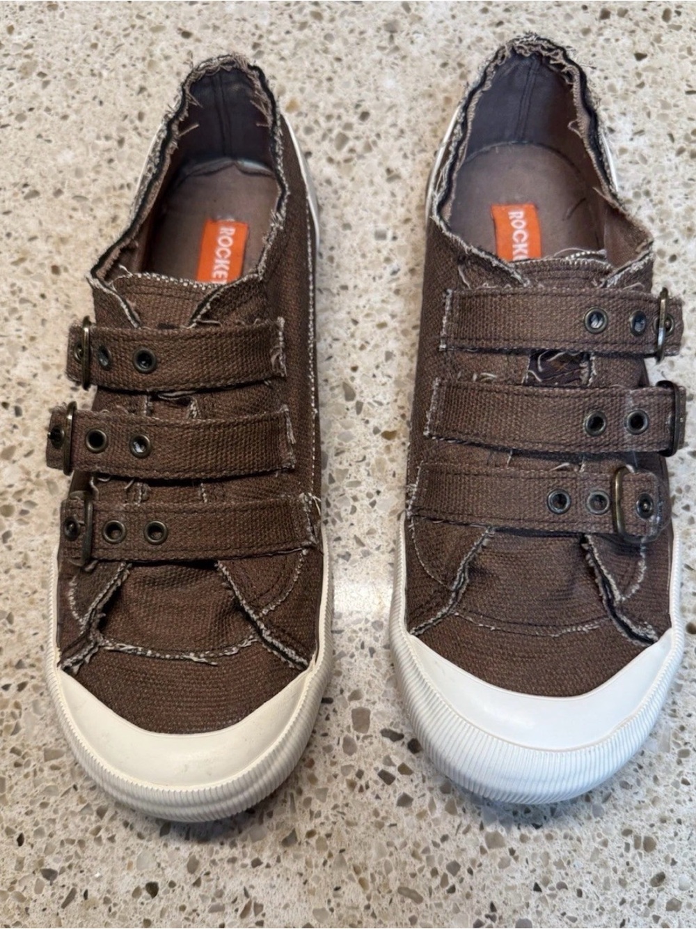 Rocket Dog brown Jolissa distressed canvas sneakers with three side buckles